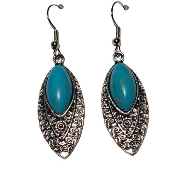 Silver Turquoise Stone Dangle Drop Fashion Earrings - Picture 1 of 2